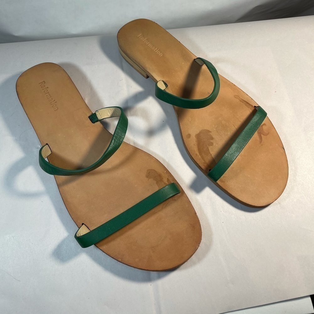 Reformation Marion Green Leather Strappy Sandals Size 11 Minimal Slide Flat